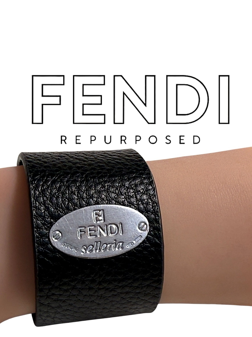 Fendi upcycled Black Leather Wide Cuff with Silver Logo Plaque